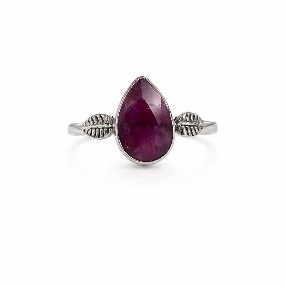 S925 Ruby Teardrop Leaf Pinky Ring - image 1